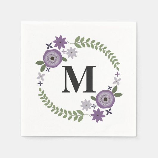 パープルフローラリース結婚モノグラムナプキン スタンダードカクテルナプキン (正面)
