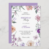 パープルフローラリース誕生日 招待状 (正面/裏面)