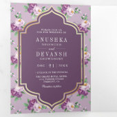 パープルフローラルパターンQRコードインディアン結婚ズ 三つ折り招待状 (内部最初)