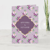 パープルフローラルパターンQRコードインディアン結婚ズ 招待状 (正面)