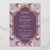 パープルフローラルパター結婚ン金ゴールド 箔招待状 (正面)