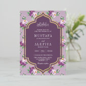 パープルフローラルパター結婚ン金ゴールド 箔招待状 (立ち正面)
