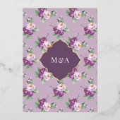 パープルフローラルパター結婚ン金ゴールド 箔招待状 (裏面)