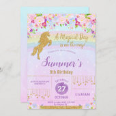 パープルフローラレインボーユニコーンバースデーパーティーガール 招待状 (正面/裏面)