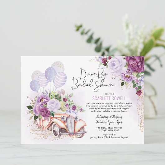 パープルフローラレトロ車ドライブバイブライダルシャワー 招待状 (スタンド正面)