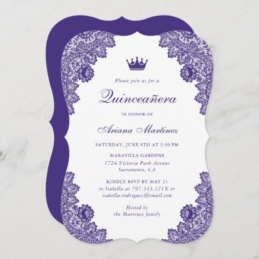 パープルフローラレースキンセアニラ15誕生日 招待状 (正面/裏面)