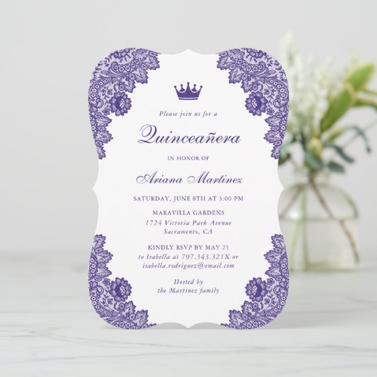 パープルフローラレースキンセアニラ15誕生日 招待状 (スタンド正面)