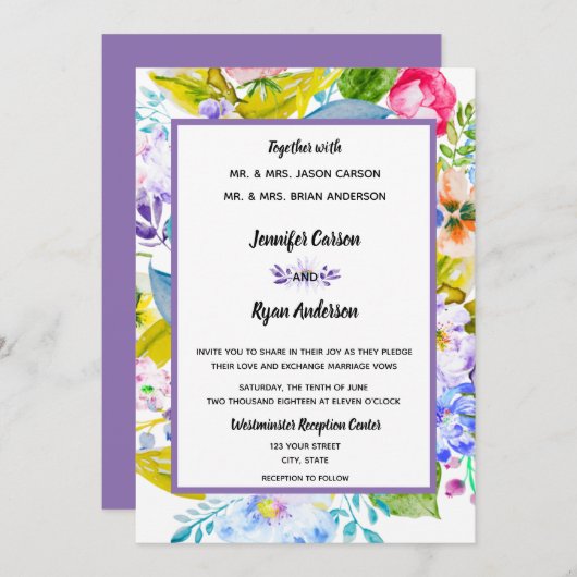 パープルフローラロマンチック結婚式招待状 招待状 (正面/裏面)