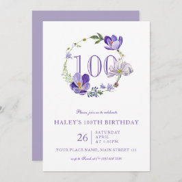 パープルフローラワイルドフラワーヴィンテージ100番目の誕生日 招待状