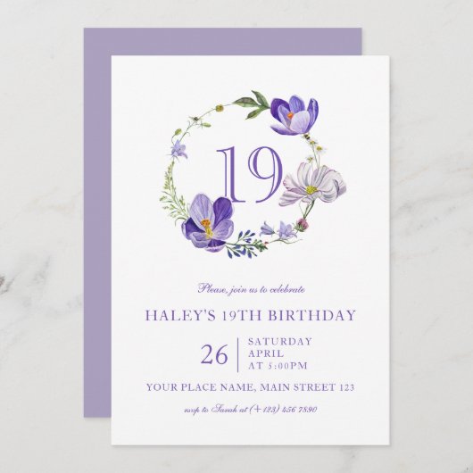 パープルフローラワイルドフラワーヴィンテージ19誕生日 招待状 (正面/裏面)