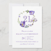 パープルフローラワイルドフラワーヴィンテージ21st誕生日 招待状 (正面)