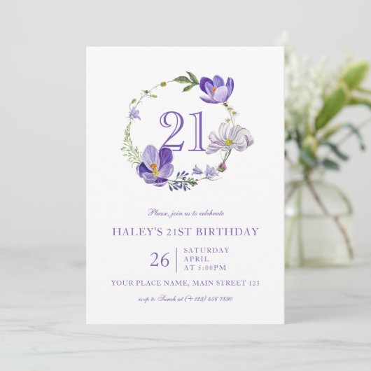 パープルフローラワイルドフラワーヴィンテージ21st誕生日 招待状 (スタンド正面)