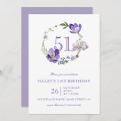 パープルフローラワイルドフラワーヴィンテージ51ST誕生日 招待状 (正面/裏面)