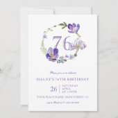 パープルフローラワイルドフラワーヴィンテージ76th誕生日 招待状 (正面)