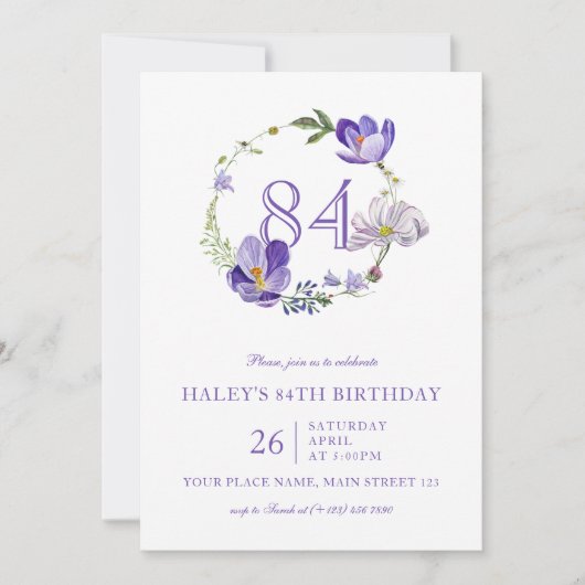 パープルフローラワイルドフラワーヴィンテージ84th誕生日 招待状 (正面)