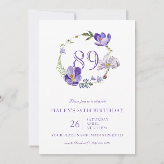 パープルフローラワイルドフラワーヴィンテージ89th誕生日 招待状 (正面)