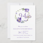 パープルフローラワイルドフラワーヴィンテージ94th誕生日 招待状 (正面)