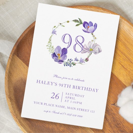 パープルフローラワイルドフラワーヴィンテージ98th誕生日 招待状