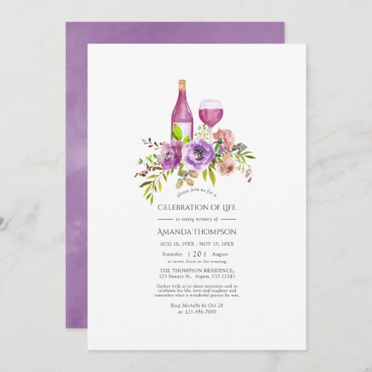 パープルフローラワインをテーマにした生活お祝い 招待状 (正面/裏面)