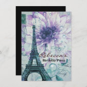 パープルフローラヴィンテージパリエッフェルタワー 招待状 (正面/裏面)