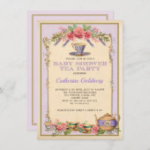 パープルフローラヴィンテージベビーティーパーティーティーポット招待状 招待状 (正面/裏面)