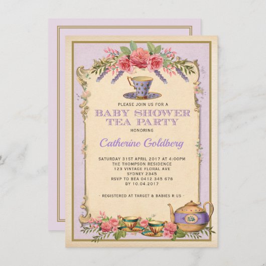 パープルフローラヴィンテージベビーティーパーティーティーポット招待状 招待状 (正面/裏面)
