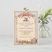 パープルフローラヴィンテージベビーティーパーティーティーポット招待状 招待状 (スタンド正面)