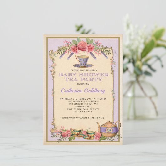 パープルフローラヴィンテージベビーティーパーティーティーポット招待状 招待状 (スタンド正面)
