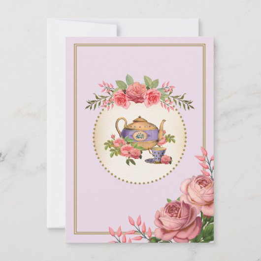 パープルフローラヴィンテージベビーティーパーティーティーポット招待状 招待状 (裏面)