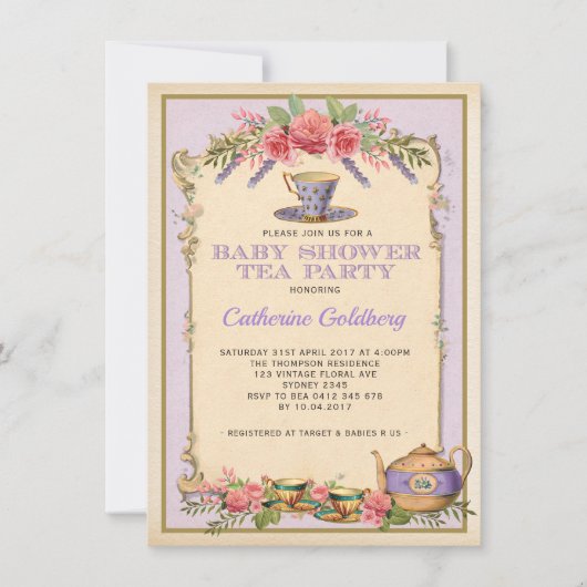 パープルフローラヴィンテージベビーティーパーティーティーポット招待状 招待状 (正面)