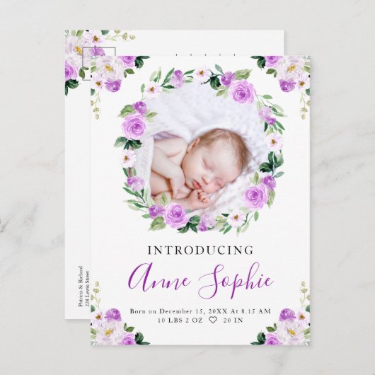 パープルフローラ写真誕生のお知らせ&ありがとうございます ポストカード (正面/裏面)