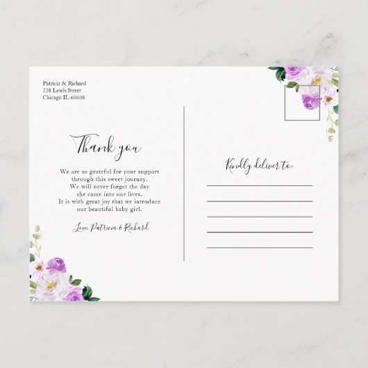 パープルフローラ写真誕生のお知らせ&ありがとうございます ポストカード (裏面)