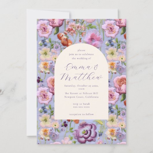 パープルフローラ刺しゅうマクシマ結婚リスト 招待状 (正面)