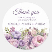 パープルフローラ女子誕生日サンキュー ラウンドシール (正面)