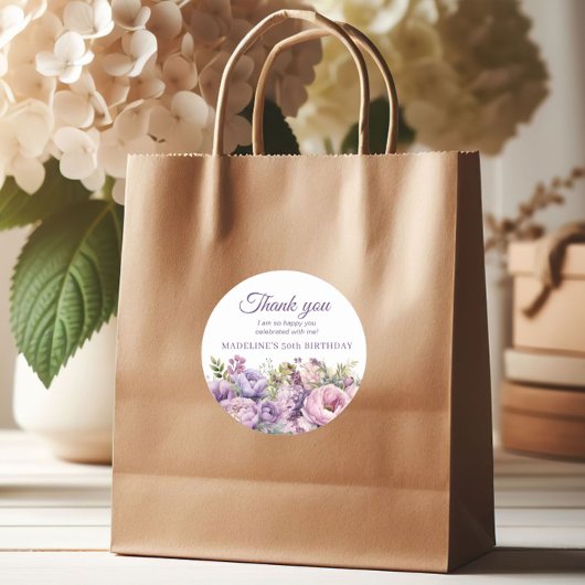 パープルフローラ女子誕生日サンキュー ラウンドシール