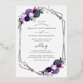 パープルフローラ幾何学的バラ結婚金ゴールドの銀 箔招待状 (正面)
