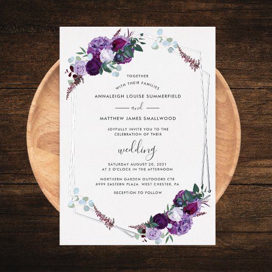 パープルフローラ幾何学的バラ結婚金ゴールドの銀 箔招待状