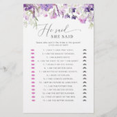 パープルフローラ彼は彼女はブライダルシャワーゲームを言った (正面)