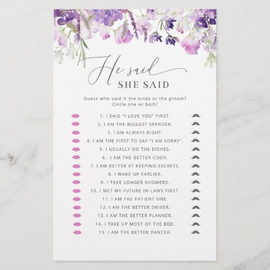 パープルフローラ彼は彼女はブライダルシャワーゲームを言った (正面)