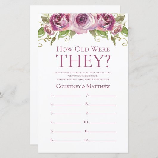 パープルフローラ彼らは何歳だったブライダルシャワーゲーム (正面/裏面)