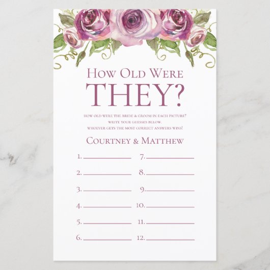 パープルフローラ彼らは何歳だったブライダルシャワーゲーム (正面)