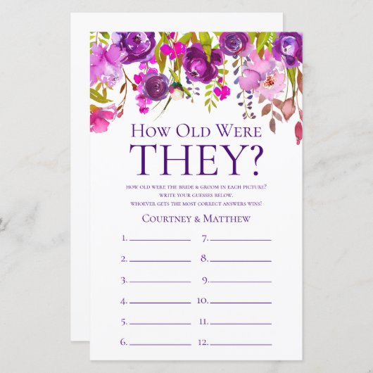 パープルフローラ彼らは何歳だったブライダルシャワーゲーム (正面/裏面)