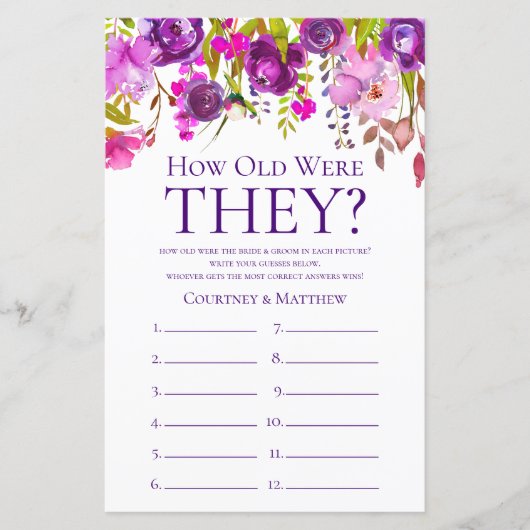 パープルフローラ彼らは何歳だったブライダルシャワーゲーム (正面)