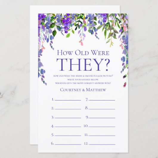 パープルフローラ彼らは何歳だったブライダルシャワーゲーム (正面/裏面)