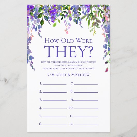 パープルフローラ彼らは何歳だったブライダルシャワーゲーム (正面)