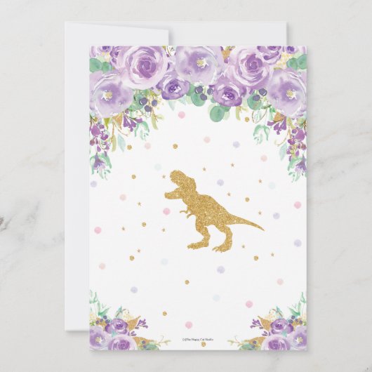 パープルフローラ恐竜バースデーパーティーガールTレックス 招待状 (裏面)