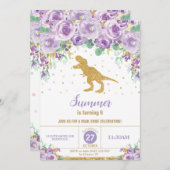 パープルフローラ恐竜バースデーパーティーガールTレックス 招待状 (正面/裏面)