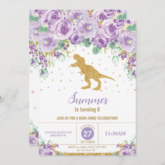 パープルフローラ恐竜バースデーパーティーガールTレックス 招待状 (正面/裏面)