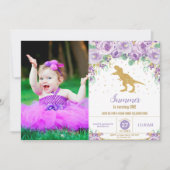 パープルフローラ恐竜誕生日女の子T-レックス写真 招待状 (正面)
