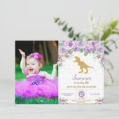 パープルフローラ恐竜誕生日女の子T-レックス写真 招待状 (スタンド正面)